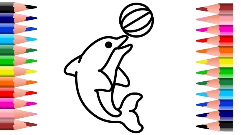 Tranh tô màu con cá heo biểu diễn với quả bóng