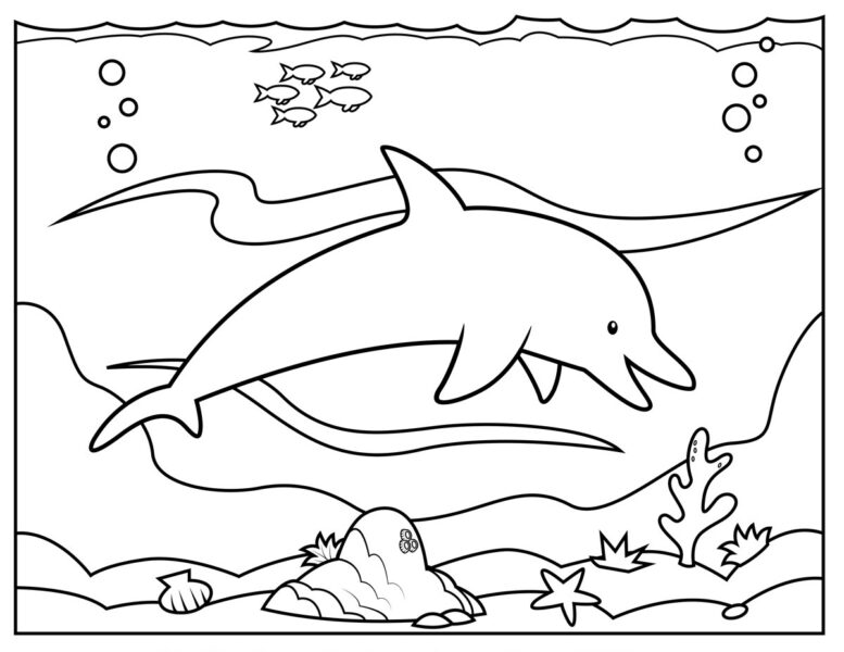 Tranh tô màu con cá heo đang bơi cùng những sinh vật dưới đáy biển