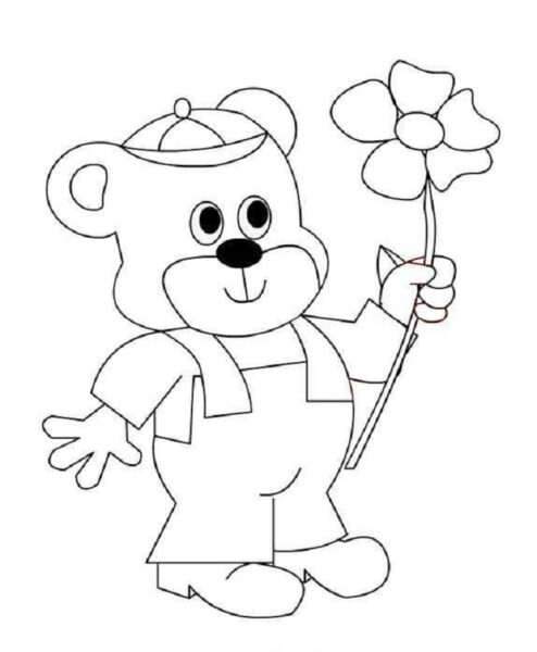 Tranh tô màu con gấu cầm bông hoa