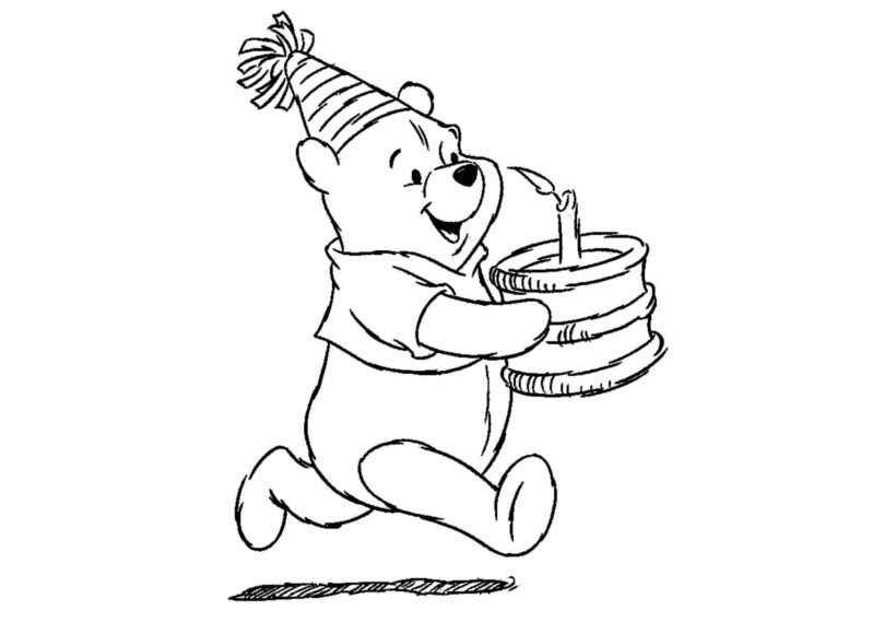 Tranh tô màu con gấu cầm chiếc bánh sinh nhật đi