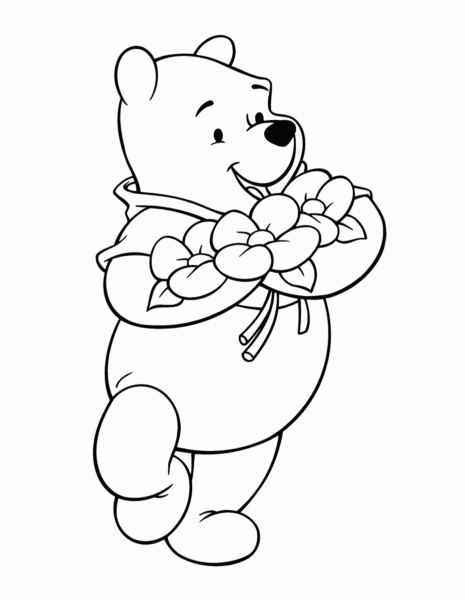 Tranh tô màu con gấu ôm những bông hoa