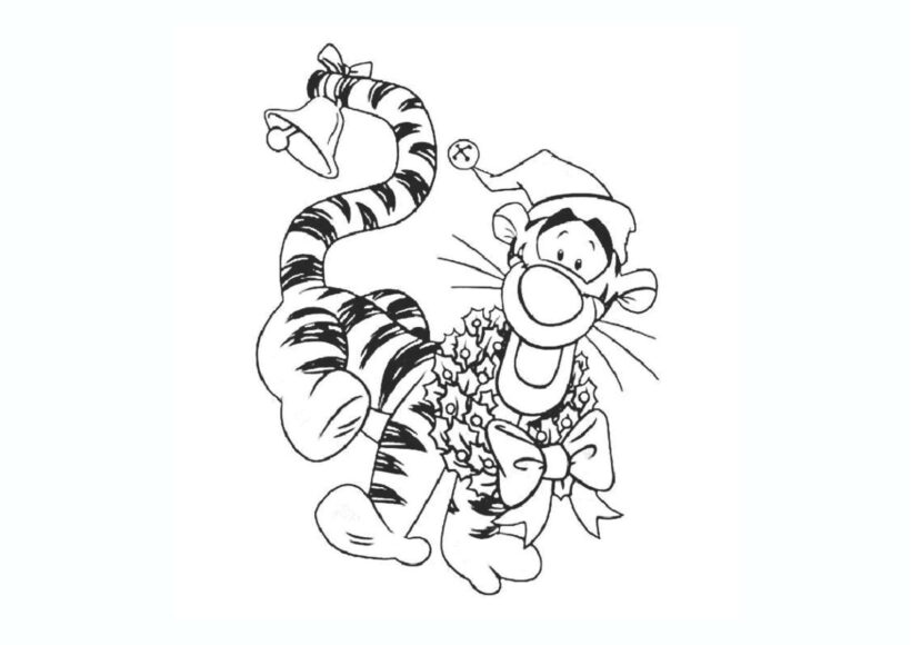 Tranh tô màu con hổ được trang trí vòng hoa ở cổ và chuông ở đuôi