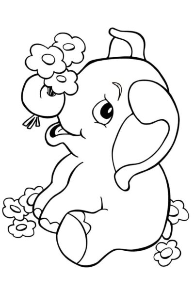 Tranh tô màu con voi lấy vòi cầm những bông hoa