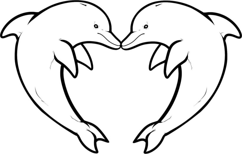 Tranh tô màu hai con cá heo đối mỏ vào nhau tạo thành một hình trái tim