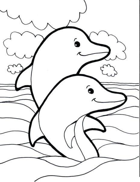 Ausmalbild von zwei Delphinen, die mit der blauen Welle spielen