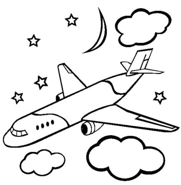 Tranh tô màu những ngôi sao và trăng, mây, máy bay
