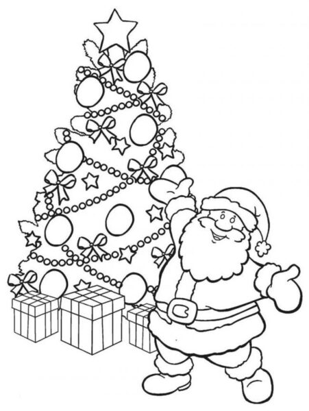 Tranh tô màu ông già Noel, những hộp quà và cây thông