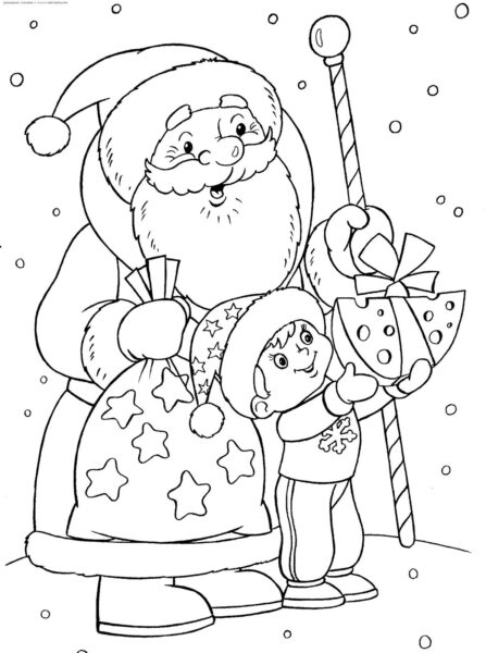 Tranh tô màu ông già Noel và em bé hạnh phúc khi nhận được quà