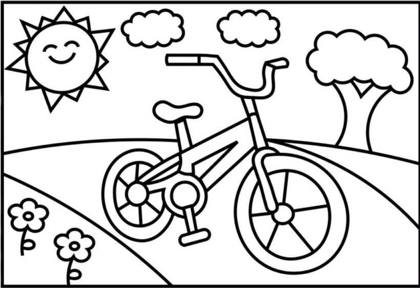 Tranh tô màu phương tiện giao thông xe đạp và ông mặt trời