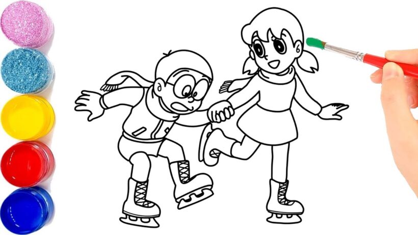 Tranh tô màu Shizuka dắt tay Nobita