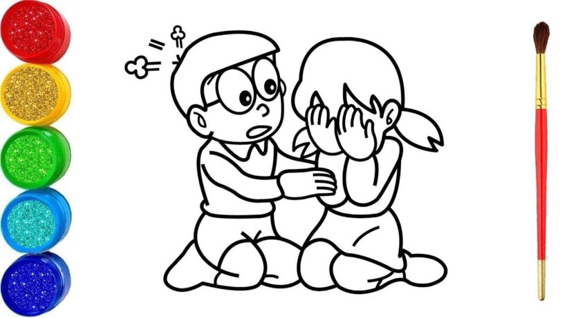 Tranh tô màu Shizuka ôm mặt xấu hổ trước Nobita