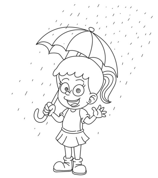 Tranh tô màu trời mưa và em bé cầm ô