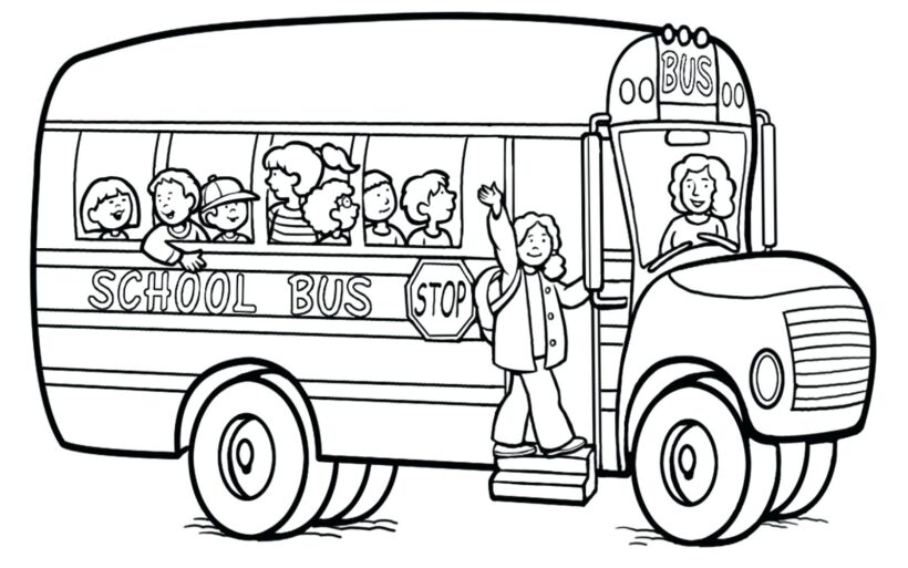 Tranh tô màu xe buýt đón các học sinh đi học