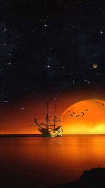 Hình ảnh đêm buồn và con tàu dưới bầu trời sao