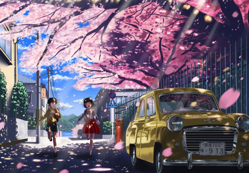 Hình ảnh hoa Anh Đào anime đẹp trên phố