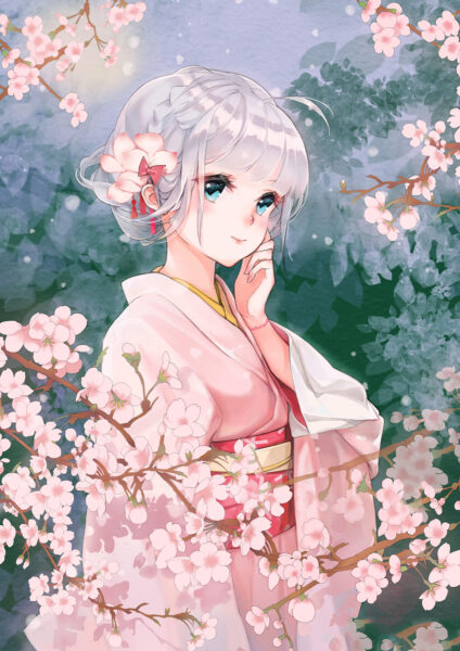 Hình ảnh hoa Anh Đào anime đẹp và cô gái mặc kimono