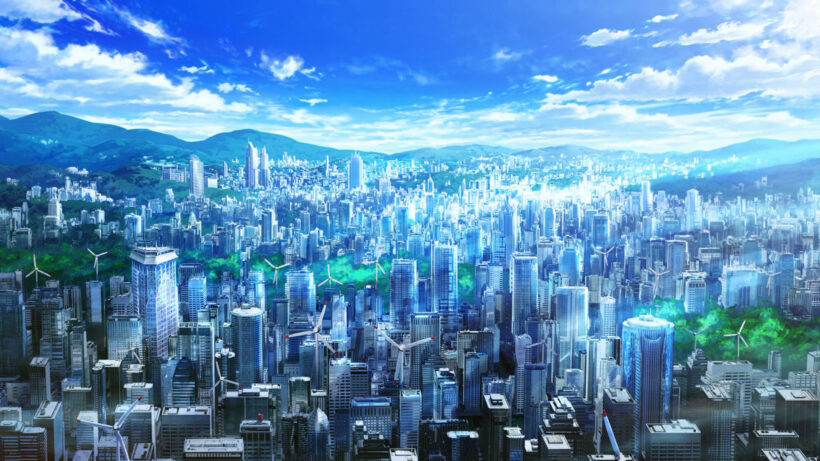 Hình ảnh nền thành phố anime với những kiến trúc cao tằng cực đẹp