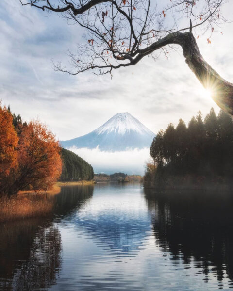 Hình ảnh núi Phú Sĩ và dòng sông chảy êm đềm dưới chân núi