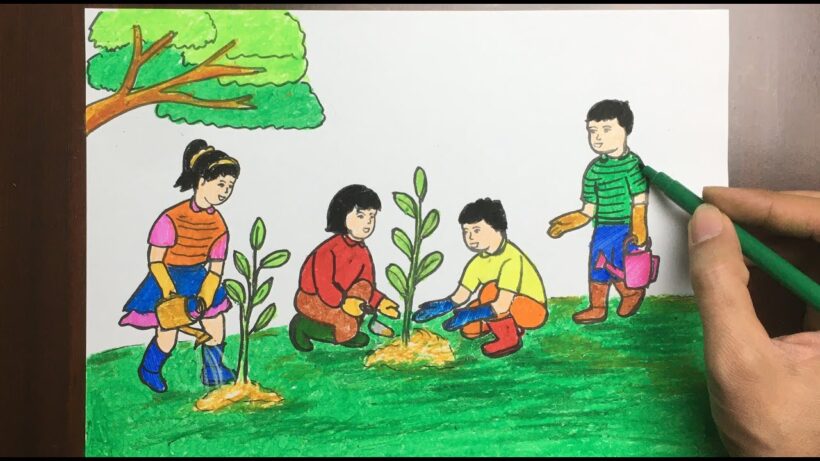 Vẽ tranh đề tài cuộc sống quanh em với hoạt động trồng cây xanh