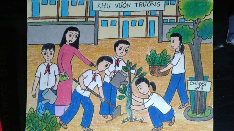 Vẽ tranh đề tài trường em với hoạt động trồng cây trong vườn trường của các bạn học sinh