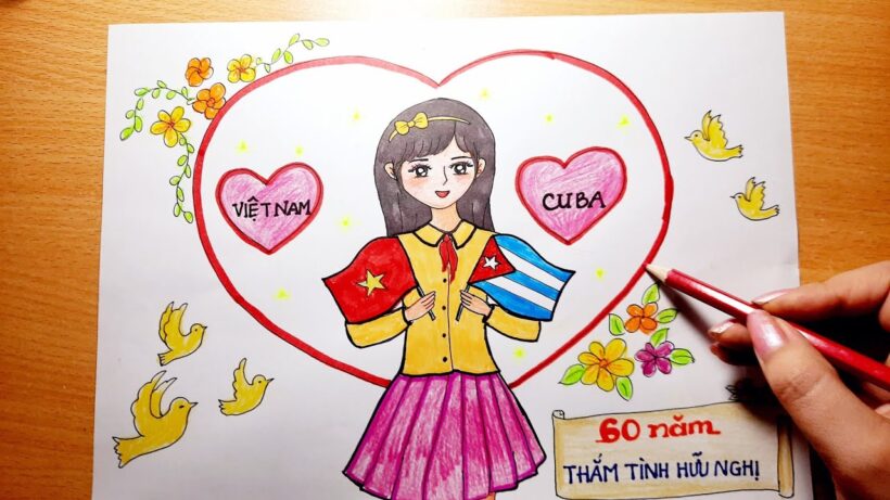 Vẽ tranh tình hữu nghị Việt Nam và Cuba đẹp, dễ thương