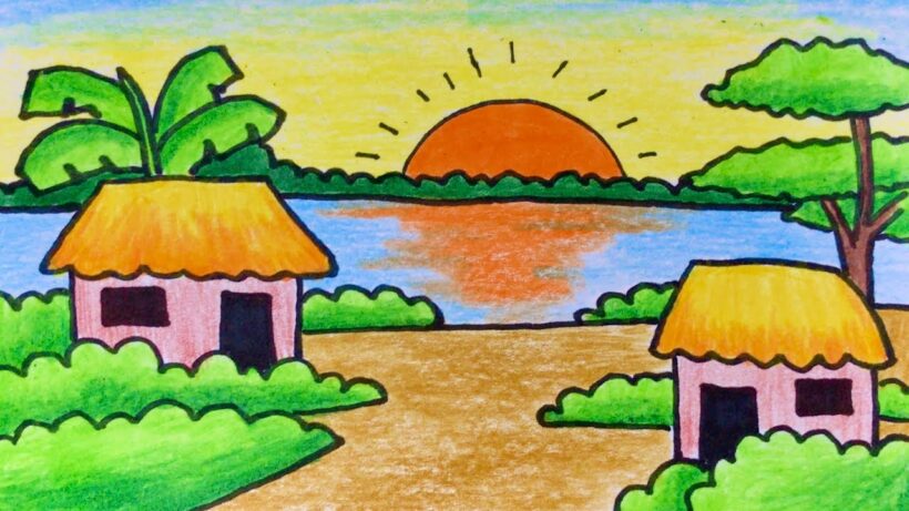 vẽ tranh đề tài tự chọn tự do về phong cảnh quê hương lúc mặt trời mọc