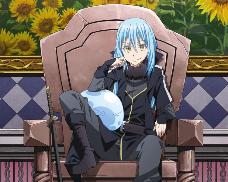 Hình ảnh Rimuru đang ôm slime ngồi trên ghế