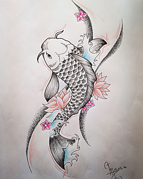 Hình vẽ cá chép, cách vẽ cá chép với hoa sen