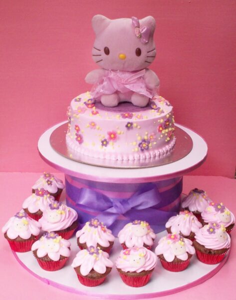 Bánh sinh nhật dễ thương có mèo Kitty mặc váy hồng