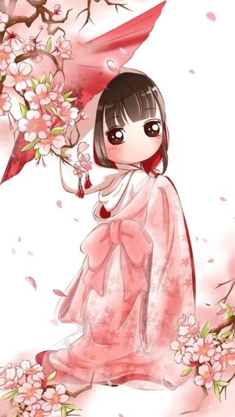 hình ảnh avatar tết cô gái chibi bên hoa đào