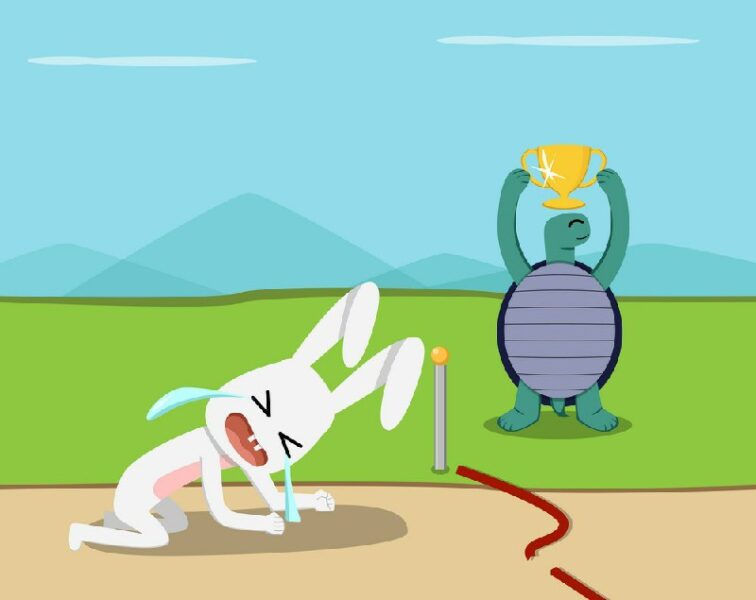 Tortoise win, Rabbit lose at finish line, vector