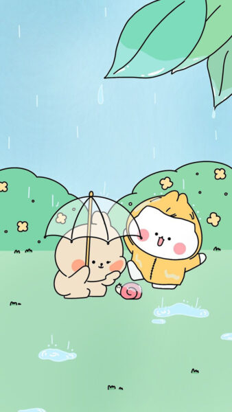 Hình nền cute dễ thương hai chú gấu dưới mưa