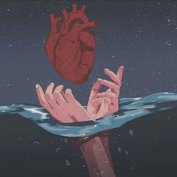 Ảnh bàn tay buồn dưới nước và quả tim