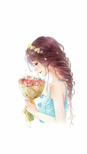 Hình cô gái cầm hoa Anime