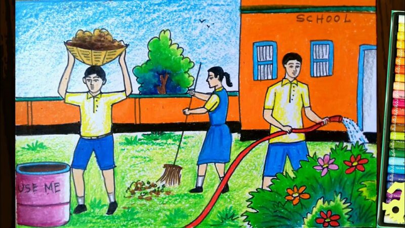 Vẽ tranh công viên xanh trường em các bạn quét rác tưới cây