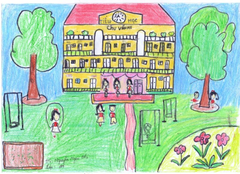 Vẽ tranh công viên xanh trường em cảnh các em học sinh đang vui chơi trên sân trường