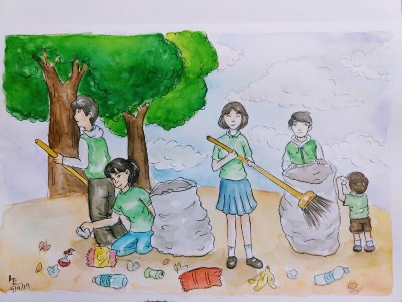 Vẽ tranh công viên xanh trường em cùng nhau dọn vệ sinh
