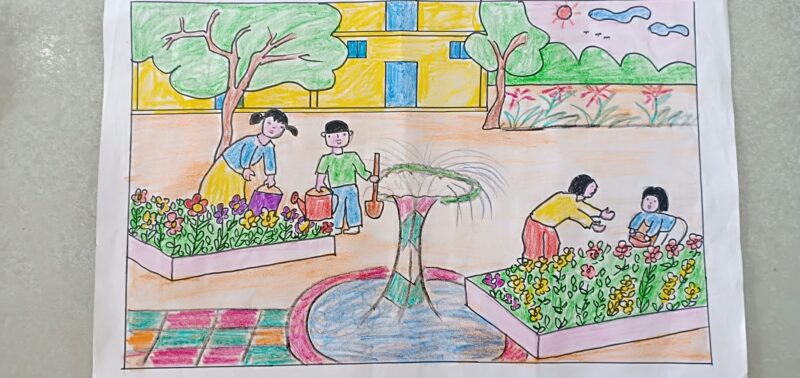 Vẽ tranh công viên xanh trường em đơn giản với những hành động chăm sóc cây của học sinh