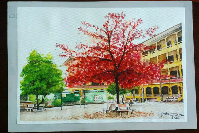 Vẽ tranh công viên xanh trường em nghệ thuật với cây phượng đỏ