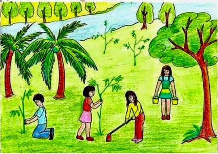 Vẽ tranh công viên xanh trường em trồng cây