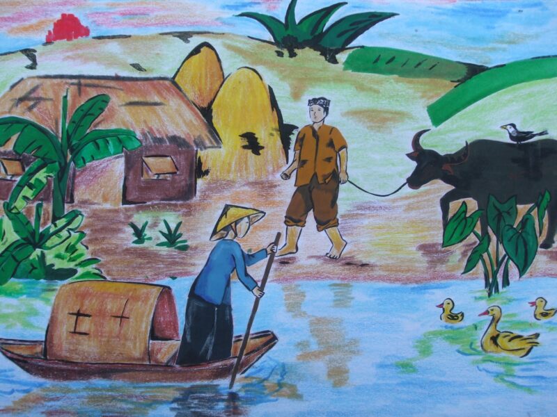 Vẽ tranh cuộc sống, sinh hoạt, vui chơi bên bờ sông quê