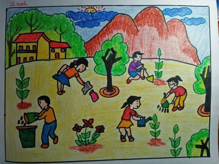 Vẽ tranh cuộc sống, sinh hoạt, vui chơi trồng cây