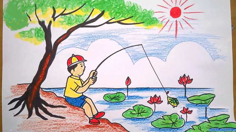 Vẽ tranh hoạt động ngày hè câu cá ở hồ sen