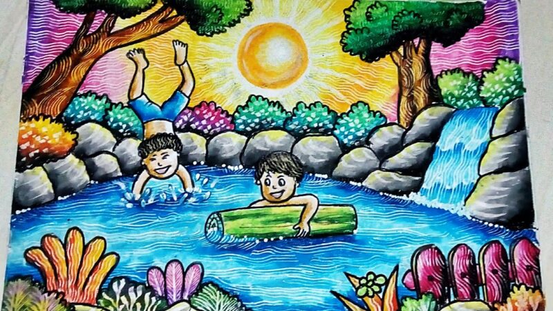 Vẽ tranh hoạt động ngày hè chơi dưới hồ nước