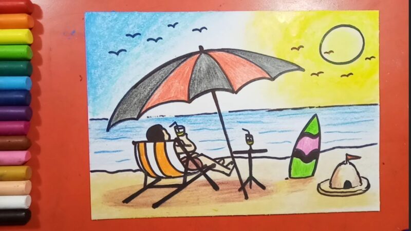 Vẽ tranh hoạt động ngày hè ngắm hoàng hôn bên biển