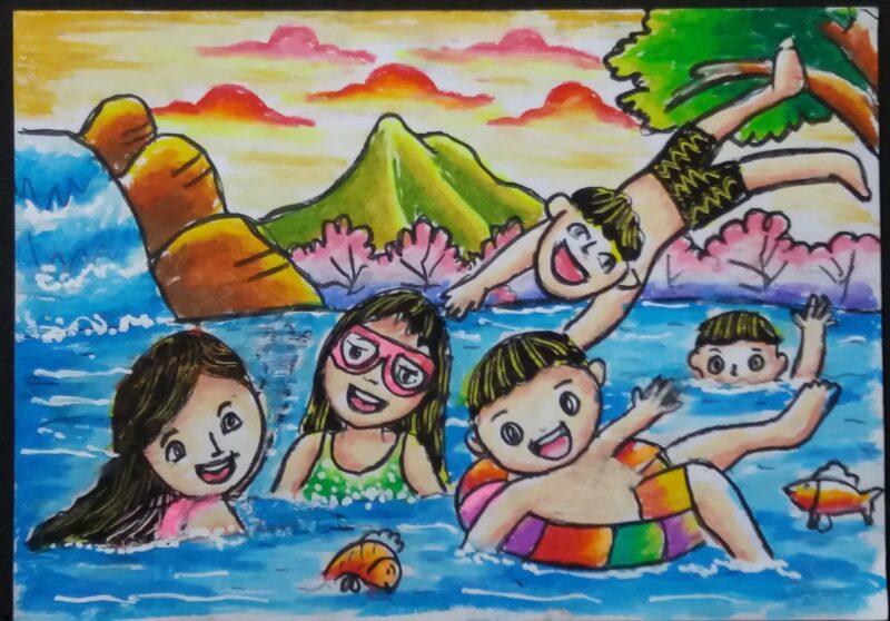 Vẽ tranh hoạt động ngày hè tắm thác nước với anh em