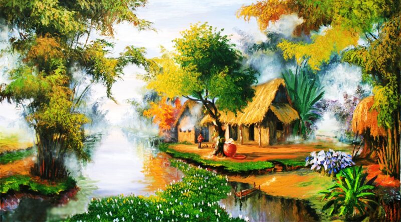 Vẽ tranh tình yêu quê hương đất nước làng quê bên bờ sông