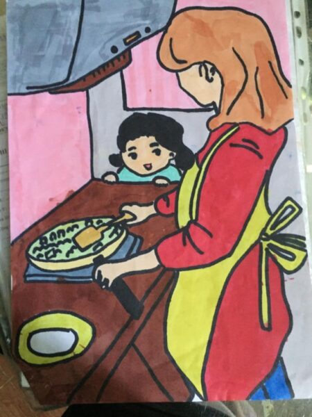 Hình vẽ mẹ và con gái đẹp cùng nấu ăn