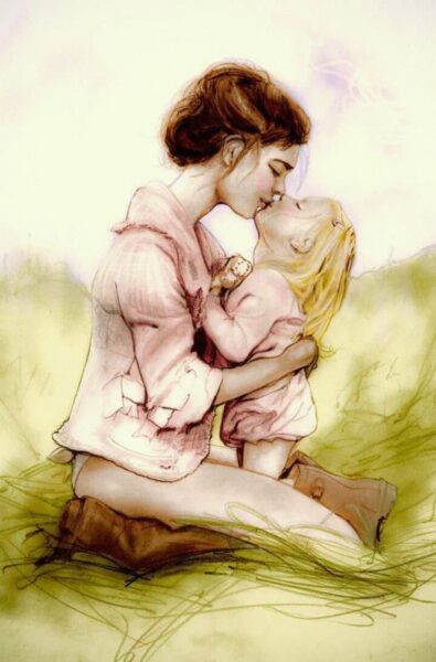Hình vẽ mẹ và con gái đẹp hôn nhau