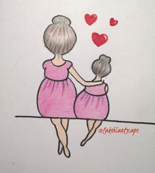 Tranh vẽ mẹ và con gái có trái tim